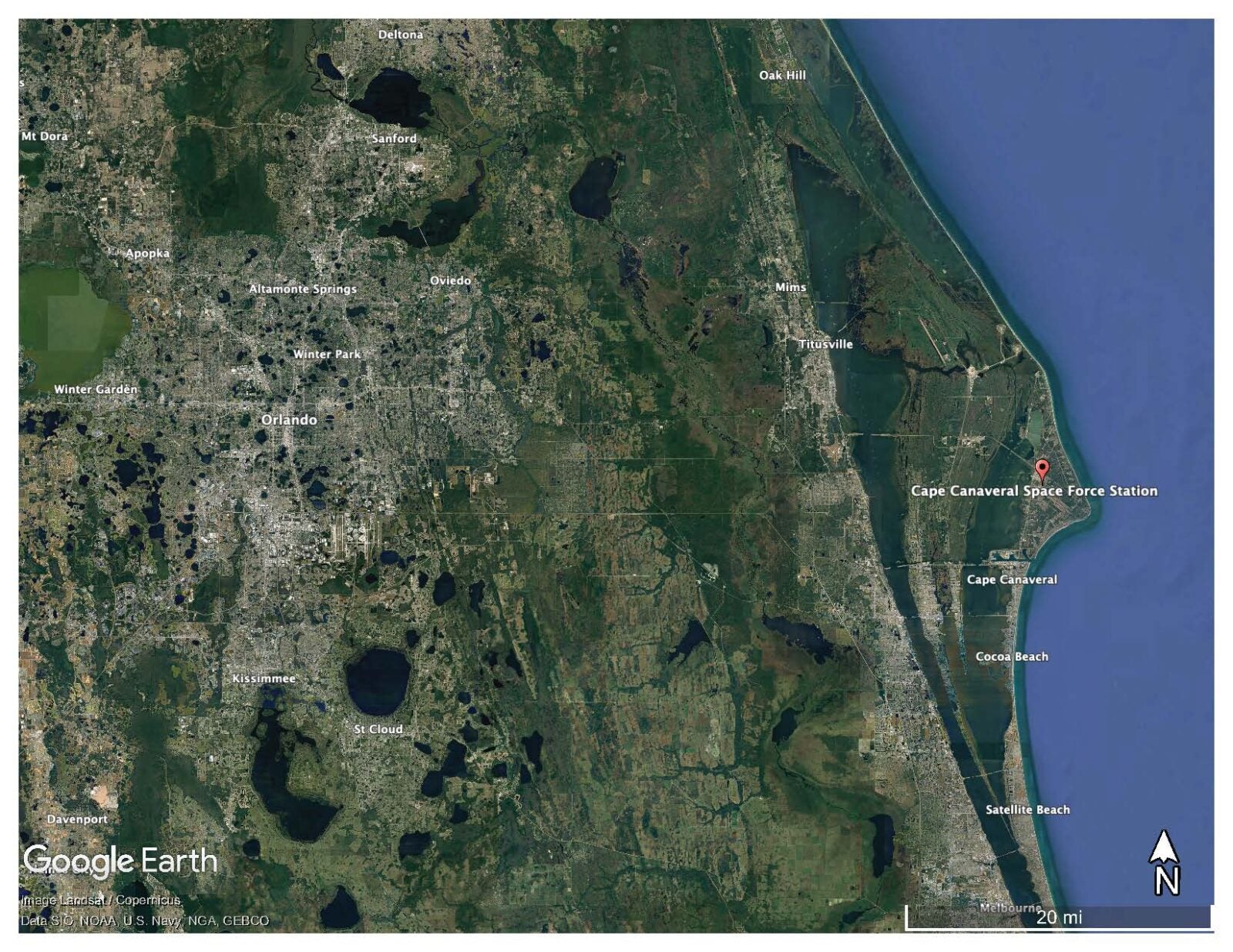 A satellite view of central Florida shows the Cape Canaveral Space Force Station location marked. The Atlantic Ocean runs along the right side of the image, and Orlando is visible to the west.