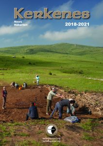 Archaeologists work at an excavation site in a grassy landscape with hills. The text reads "Kerkenes News Haberleri 2018-2021.