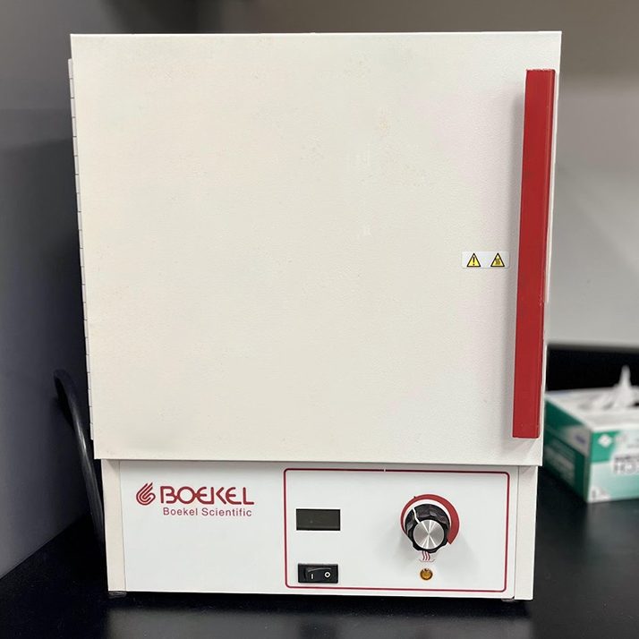 A boekel scientific laboratory incubator on a countertop, featuring a control knob and digital display on the front panel.