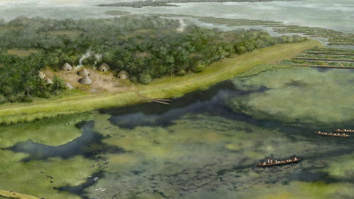 Painting of a lush wetland with birds flying low, canoes on the water, and a village in the distance, conveying a vibrant ecosystem.