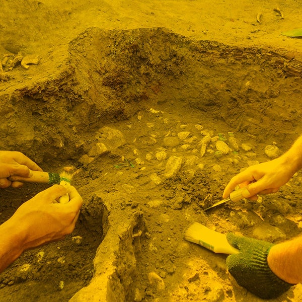 Two people use brushes and small tools to excavate artifacts and bones from a dirt archaeological site.