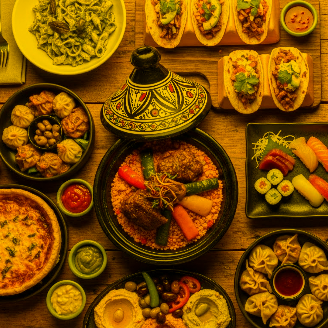 A table set with diverse international dishes, including sushi, dumplings, bruschetta, pasta, hummus, a tagine with vegetables, and a quiche, all arranged on wooden surface.