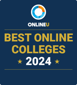 Badge reading "OnlineU Best Online Colleges 2024" with circular logo on a dark blue background.