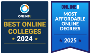 Two award badges: one reads "Best Online Colleges 2024" and the other reads "Most Affordable Online Degrees 2025," both from OnlineU.