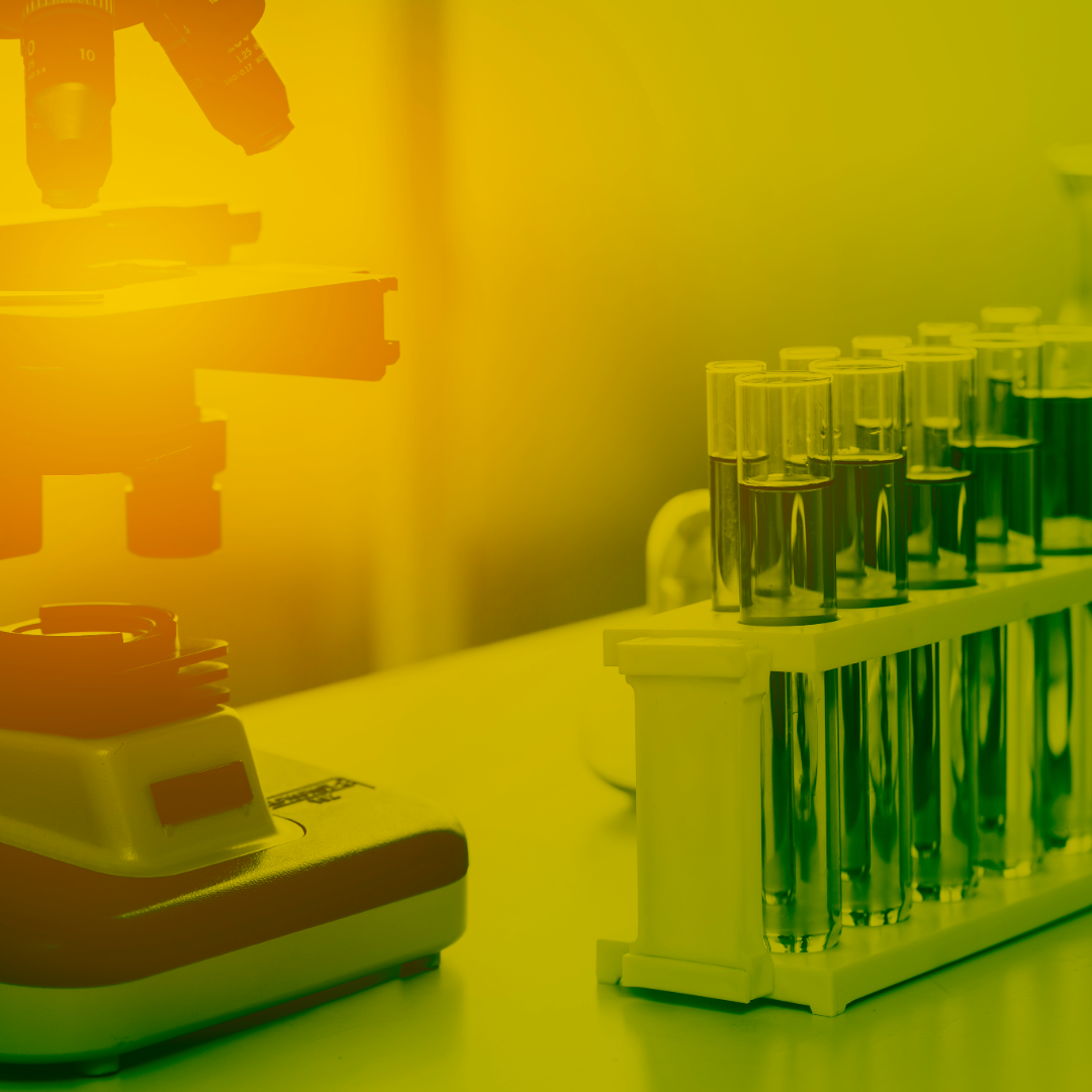 A laboratory bench with a microscope and a rack of test tubes, shown under yellow-green lighting.