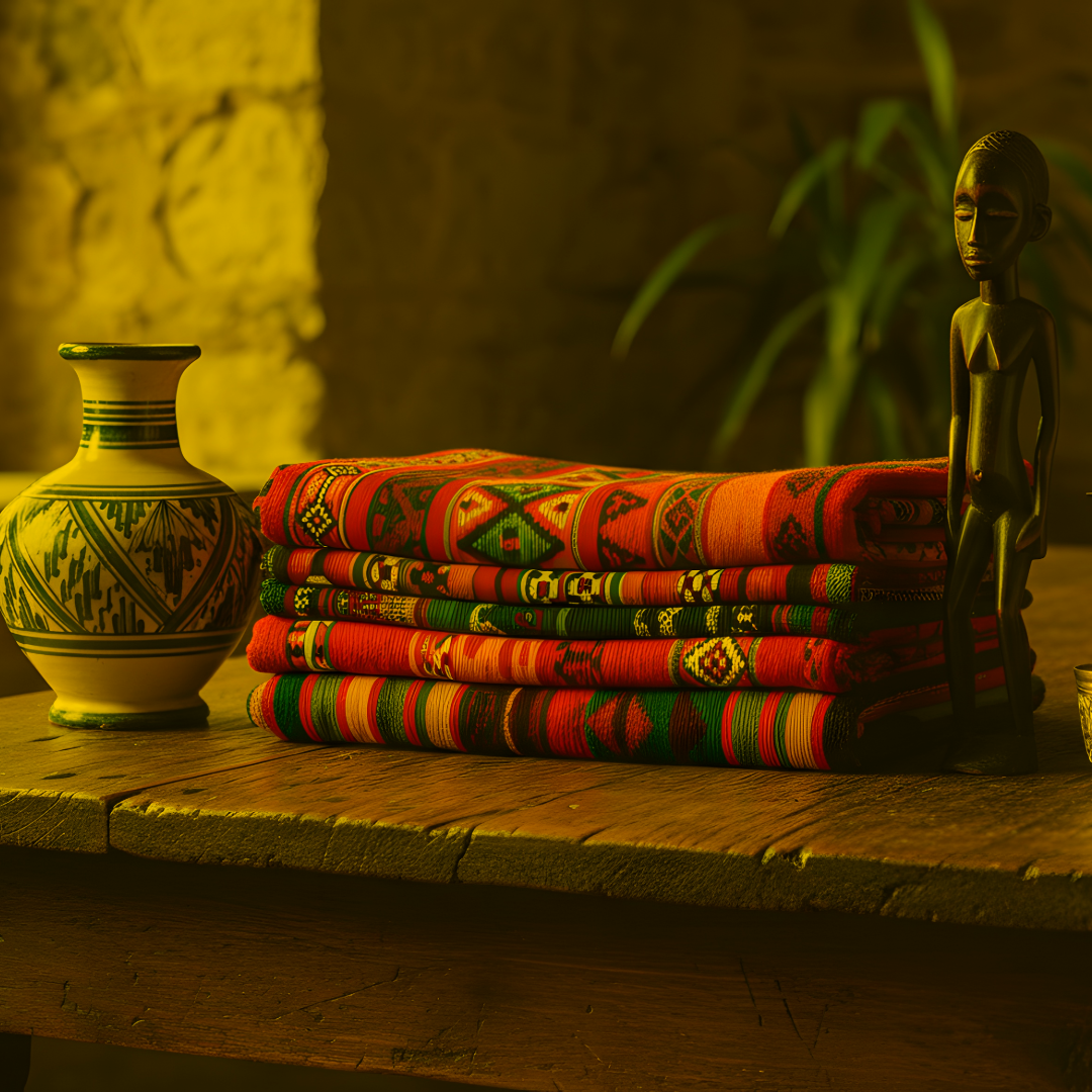 A stack of colorful, patterned textiles on a wooden table, next to a decorative vase and a small carved wooden figurine.