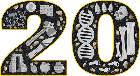 The number 20 filled with illustrations of archaeological items such as bones, DNA, tools, pottery, fossils, and rock art.