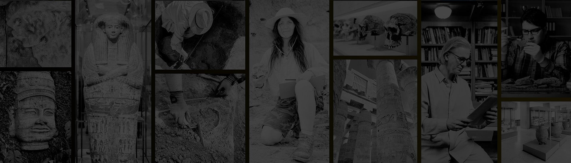 Collage of black-and-white photos showing archaeologists at work, ancient statues, excavation sites, and researchers studying artifacts in a library or lab setting.