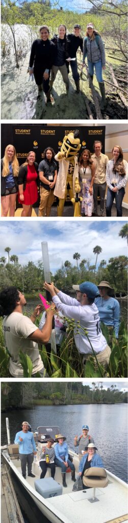 Four photos show groups of people outdoors and at an event, including scenes in nature, with a mascot, conducting field research, and on a boat in a river.