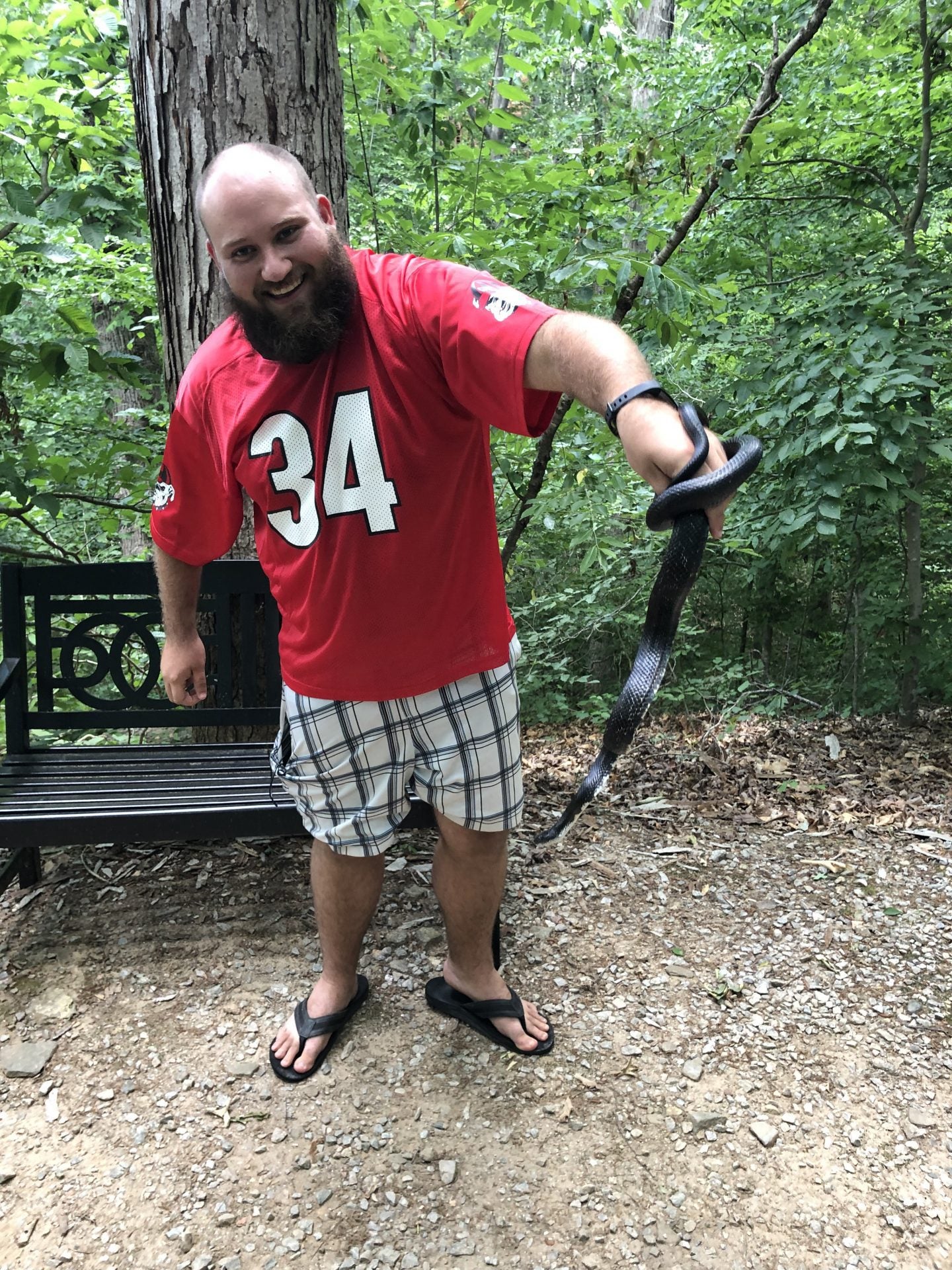 A man wearing a red shirt with the number 34 and plaid shorts is holding a dark snake near a wooded area, standing on a gravel path next to a bench.