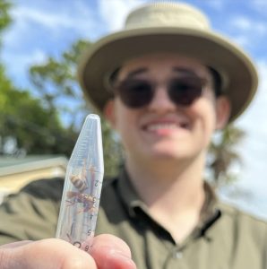 Person holding a clear tube with ants, smiling in the background.