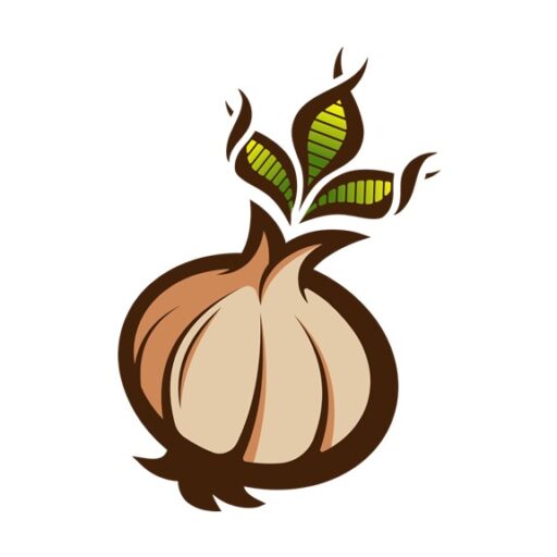 Stylized illustration of a brown onion with green leaves sprouting from the top, set against a white background.