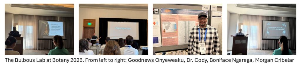 Four images from a conference: two show speakers presenting slides to an audience, one shows a man standing by a research poster, and one shows another speaker at a podium.