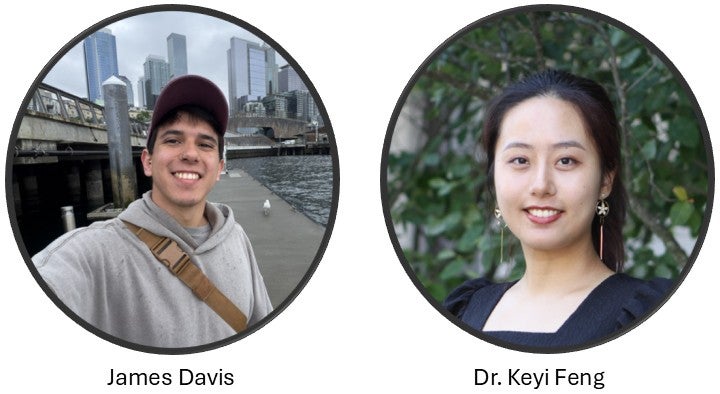 Side-by-side portraits: Left, a man outdoors by water and buildings; right, a woman outdoors with greenery in background. Text labels read “James Davis” and “Dr. Keyi Feng.”.