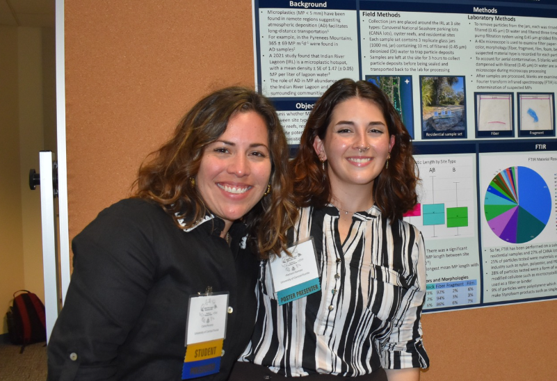 Two women stand and smile in front of a scientific research poster on a corkboard, proudly displaying their undergraduate-graduate-research work. Both are wearing conference name badges. February 2025.
