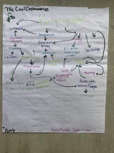 Handwritten biogeography flowchart on poster paper with topics such as evolution, ecology, and creationism, created by "The Cool Cassowaries." Names listed at the bottom: Korter Randle, Sophie Linder.