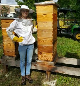 Person in beekeeper gear including hat, gloves, and jacket, standing next to tall wooden beehives in an outdoor setting with green grass and trees.