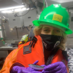 A person in an orange life jacket, green hard hat, and purple gloves holds a small fish while standing indoors. They are wearing a black face mask.