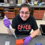 A person wearing purple gloves uses a micropipette to transfer liquid into wells of an orange tray in a laboratory setting.