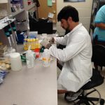 A man wearing a lab coat and gloves works with laboratory equipment at a bench.