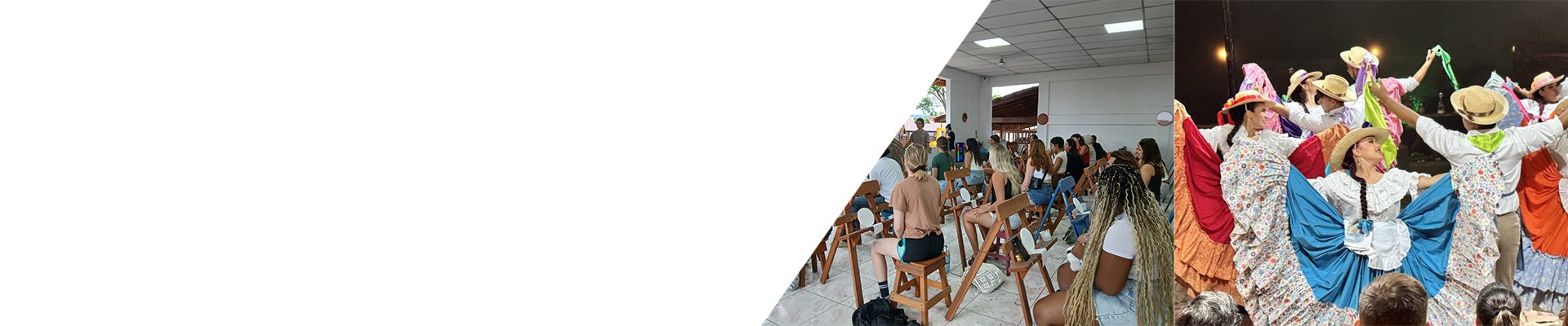 A group of people sit in a classroom setting on the left, while people in colorful costumes dance in a group on the right.