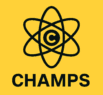 Black atom symbol with a "C" in the center above the word "CHAMPS" in bold black text, all on a yellow background.