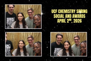 Four young adults pose and smile in front of a gold sequin backdrop; text reads "UCF Chemistry Spring Social and Awards, April 2nd, 2026" on a starry black background.