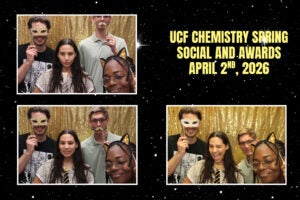 Four students pose with masks and cat ear headbands in a photo booth at the UCF Chemistry Spring Social and Awards on April 2, 2026. Gold sequin backdrop and event details shown.