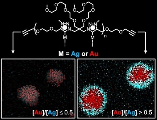 Diagram of a chemical structure where M represents either Ag or Au. Below, two microscopic images compare [Au]/[Ag] ratios: the left shows a ratio ≤0.5 and the right shows a ratio >0.5.