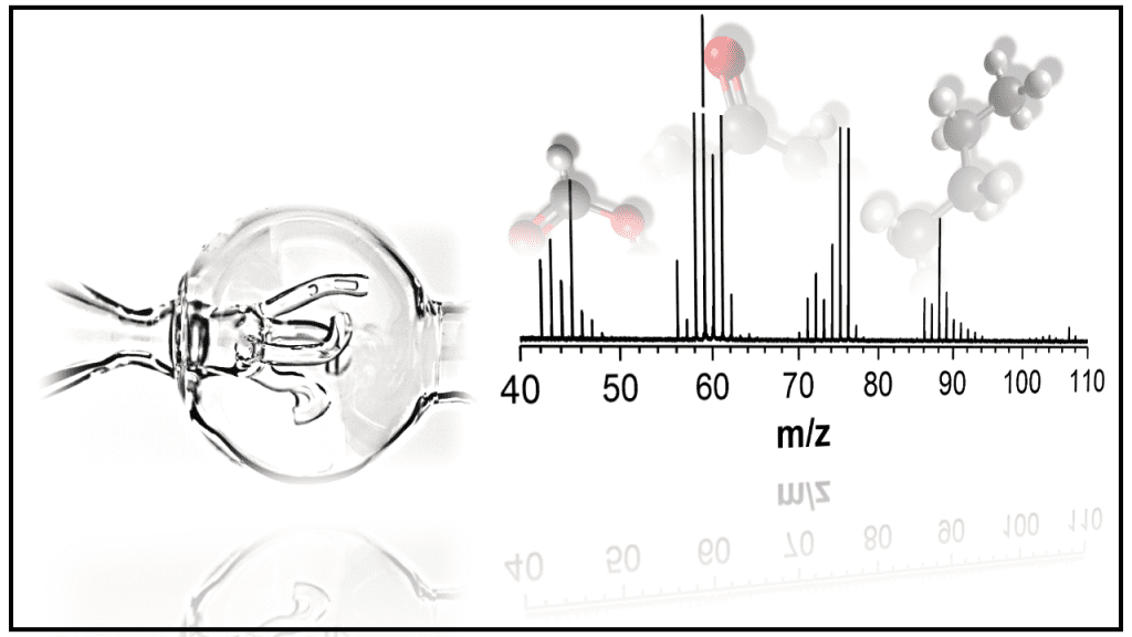 A scientific illustration showing a glass container with a molecular structure inside on the left and a mass spectrometry graph with molecular representations on the right.