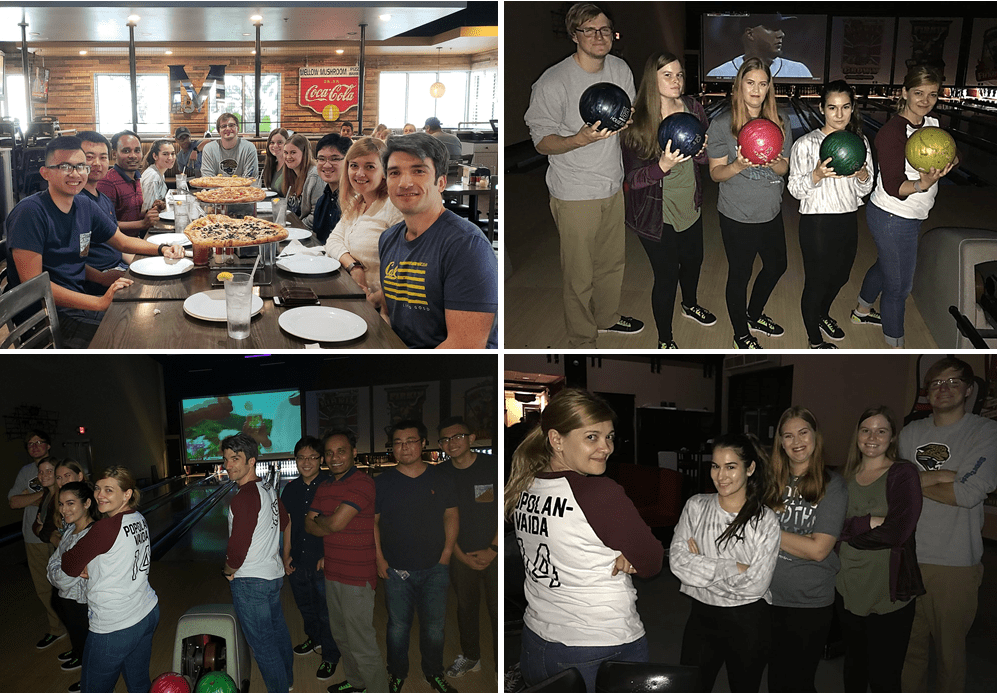 A group of people at a restaurant with pizzas on the table, and at a bowling alley, holding colored bowling balls and posing in teams.