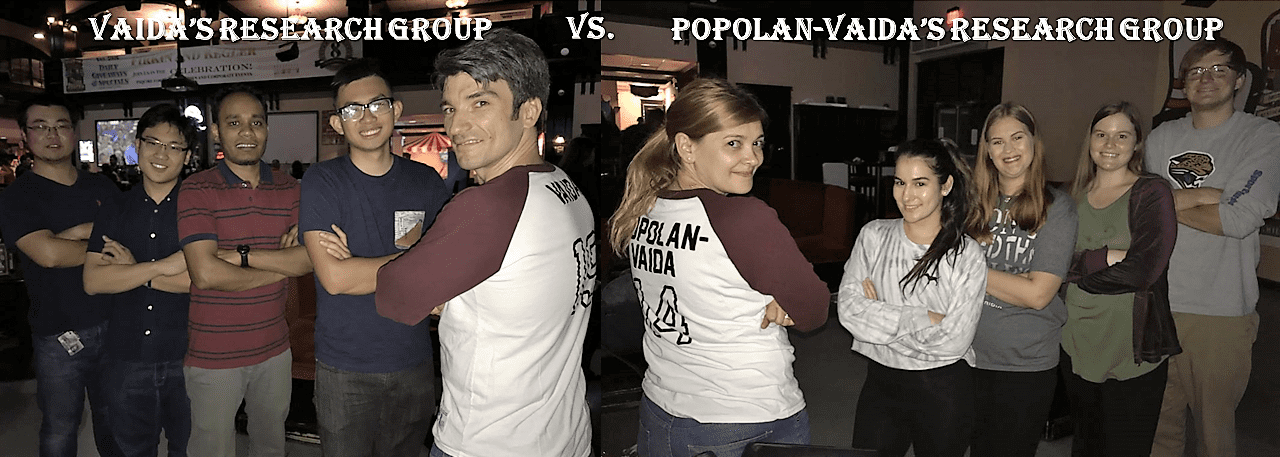 Two research groups stand opposite each other, smiling and posing with arms crossed. The banner above reads "Vaida's Research Group vs. Popolan-Vaida's Research Group". The setting appears to be indoors.
