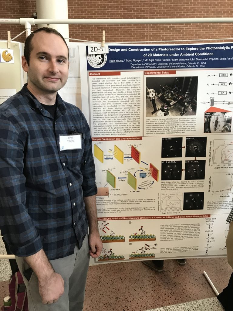 A person stands next to a scientific poster titled "Design and Construction of a Photoreactor to Explore the Photocatalytic Properties of 2D Materials under Ambient Conditions" at a presentation event.