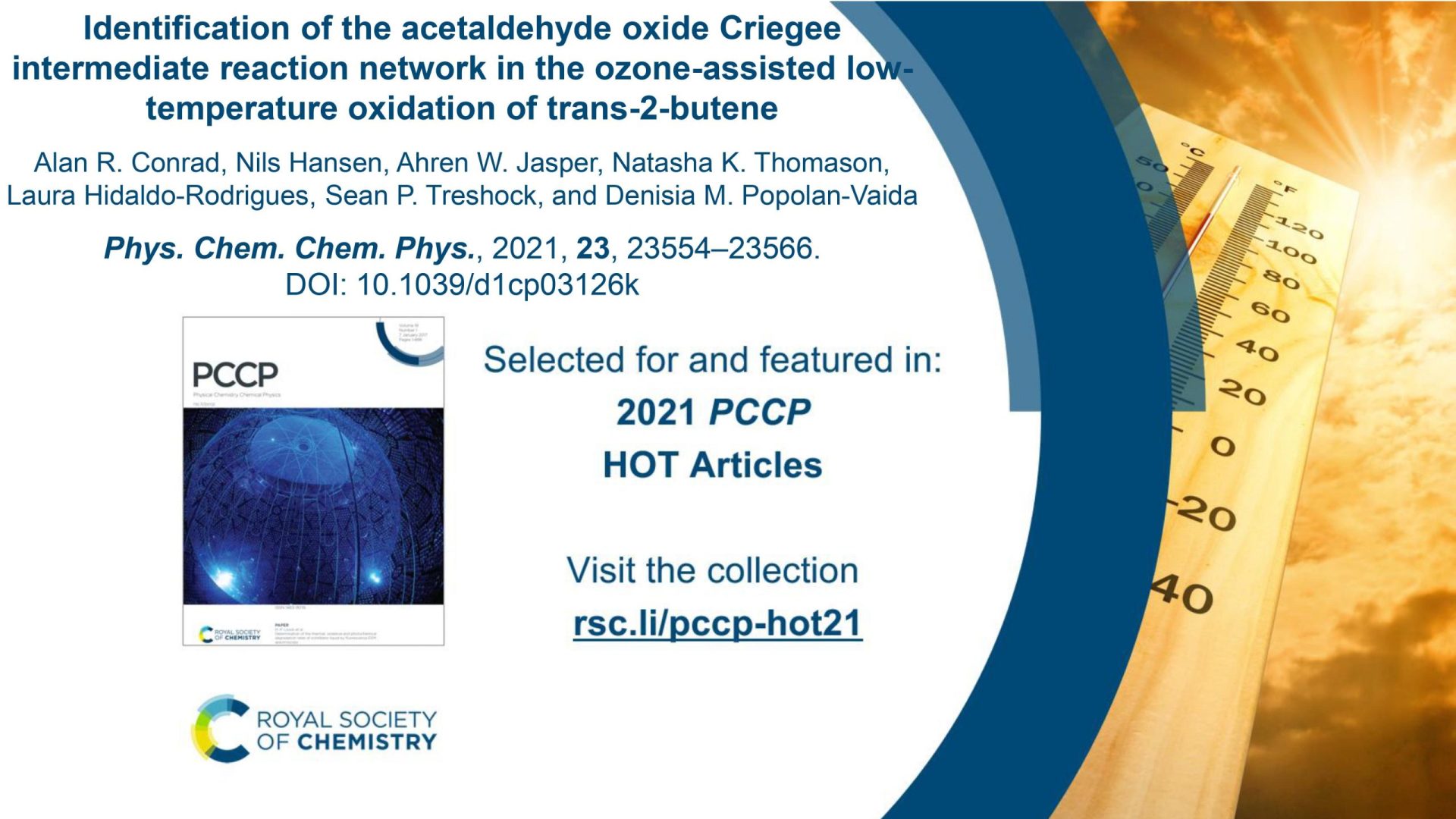 Academic article cover for a PCCP hot articles collection. It details research on the acetaldehyde oxide Criegee intermediate reaction network in the ozonolysis of trans-2-butene.