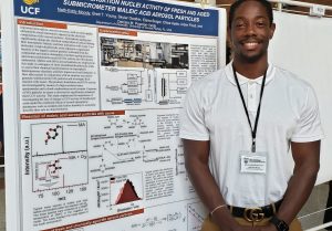 A man wearing a white polo shirt and name badge stands in front of a scientific research poster titled "Activation Nuclei Activity of Fresh and Aged Submicrometer Maleic Acid Aerosol Particles.