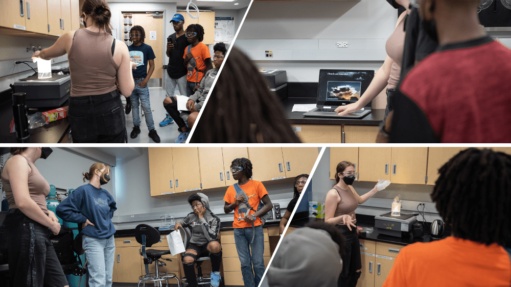 Collage of students in a classroom discussing and performing science experiments with lab equipment.