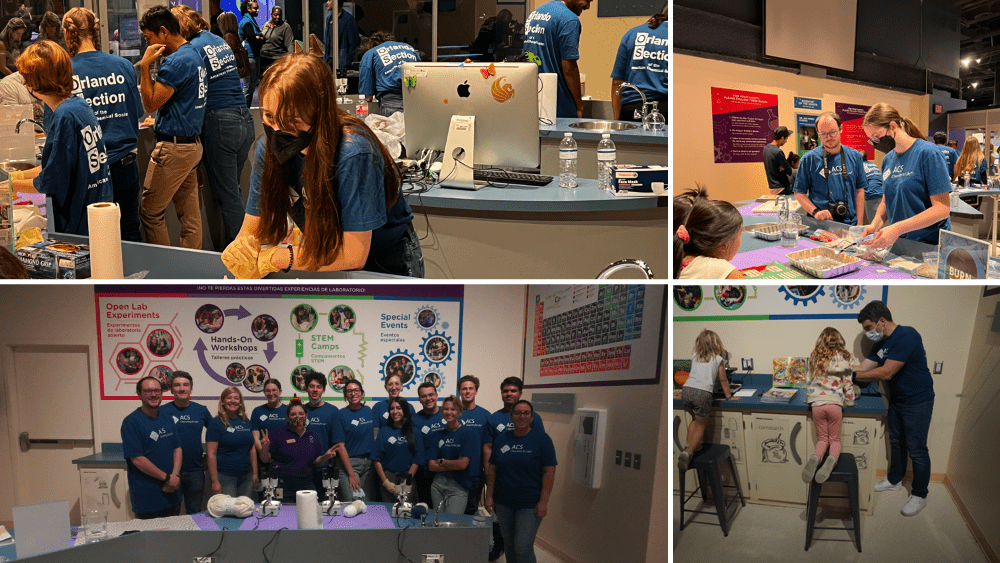 People are seen participating in various science-related activities, including laboratory work and interactive exhibits. Several individuals are also posing for a group photo, all wearing blue shirts.