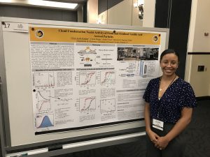 A person stands next to a scientific poster titled "Cloud Condensation Nuclei Activity of Fresh and Oxidized Vanillic Acid Aerosol Particles," showing graphs and diagrams.