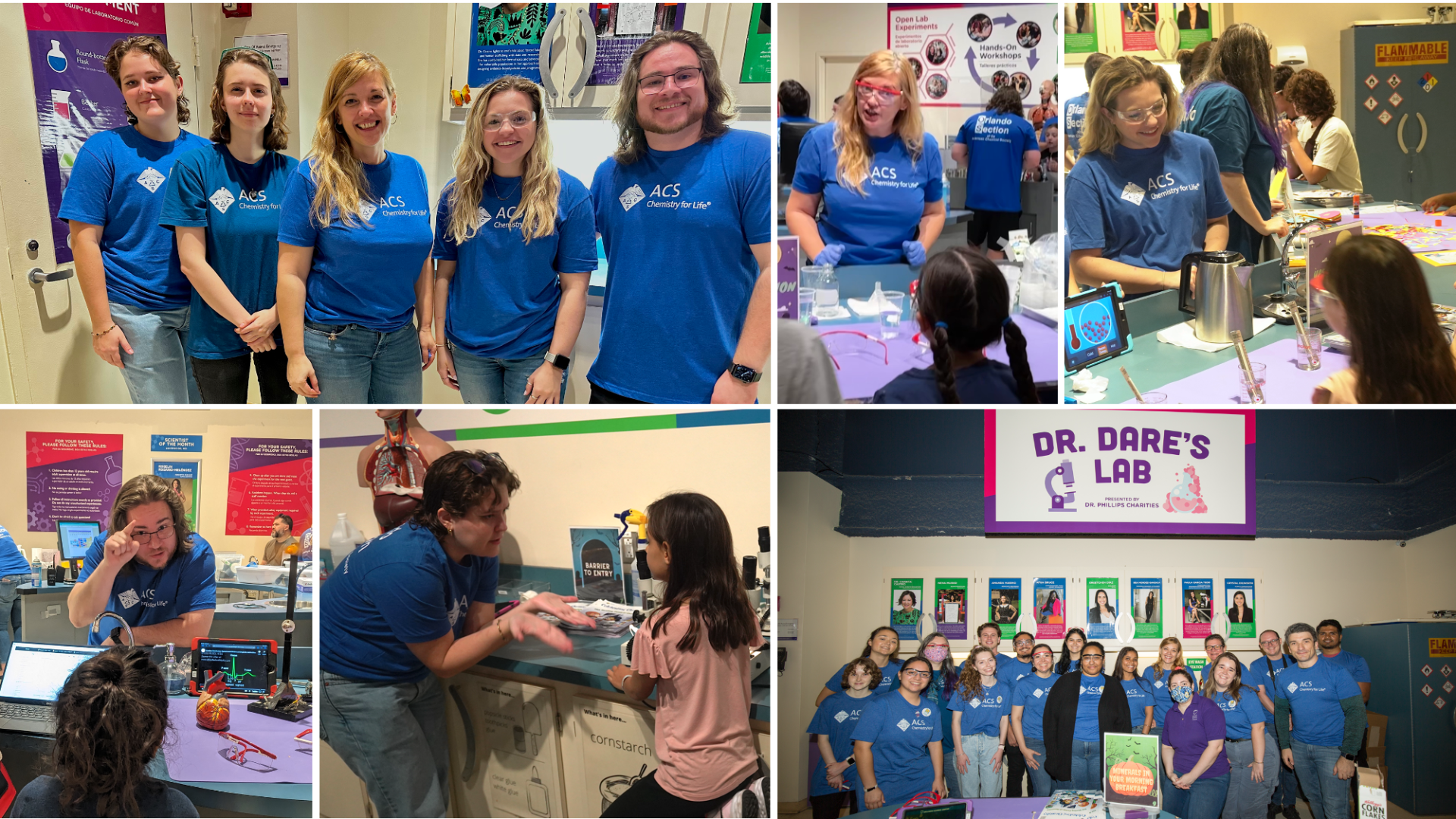 Collage of people in blue shirts participating in interactive science activities with children and posing as a group next to colorful educational displays in a setting labeled "Dr. Dare's Lab.