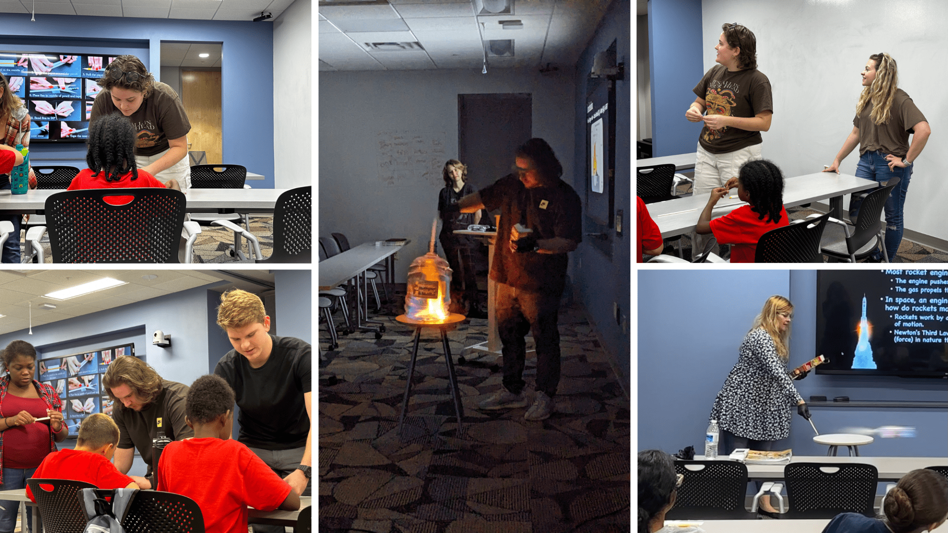 Collage of images showing individuals conducting educational activities with children in a classroom setting, including hands-on learning, presentations, and a fire demonstration.