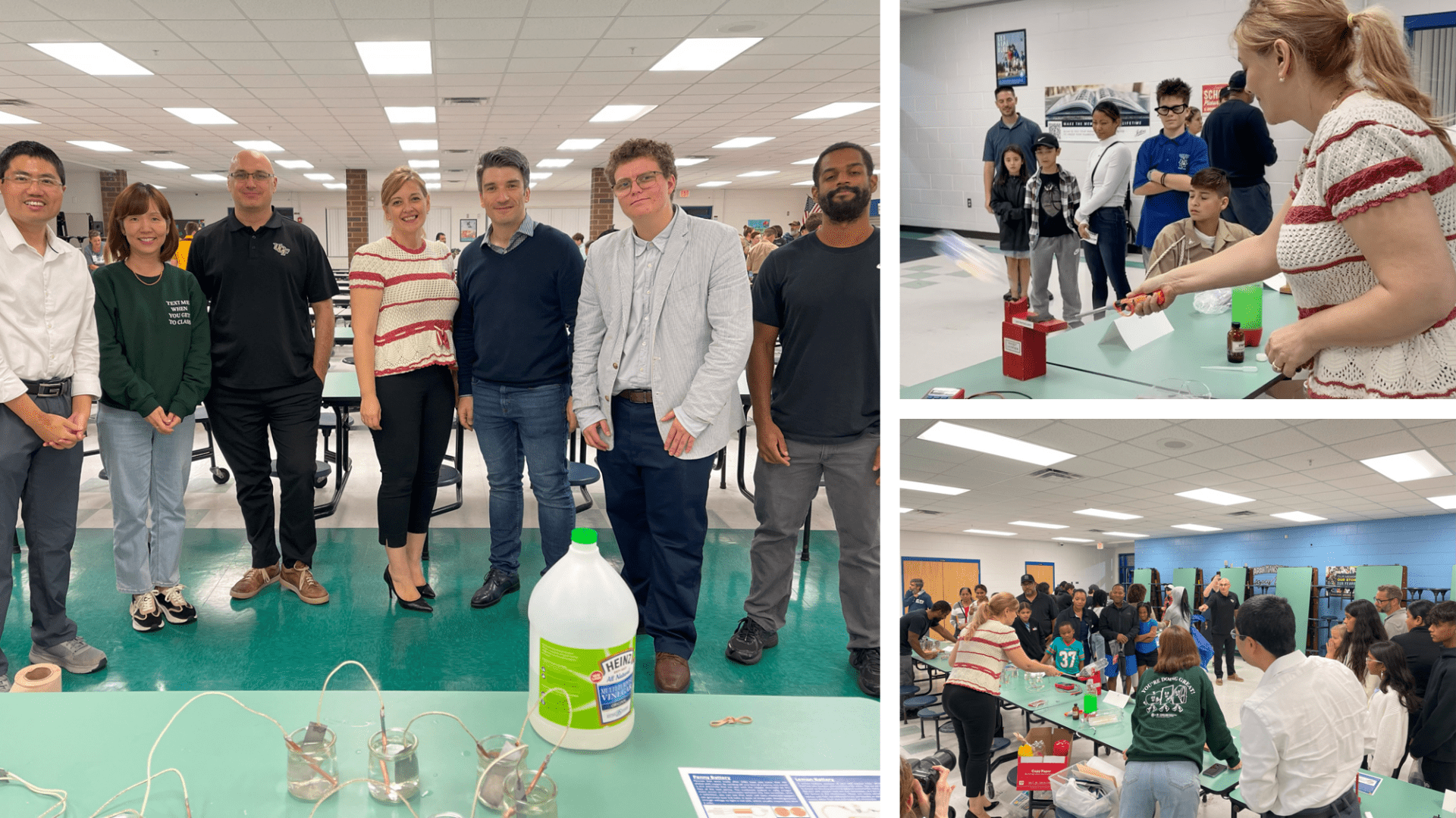 Group of people posing indoors; on the right, separate images showing individuals participating in hands-on science activities.