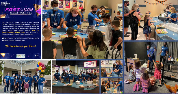 People of various ages participating in a chemistry event sponsored by the American Chemical Society, with interactive experiments and informational booths. Signs read "FAST or SLOW Chemistry Makes It Go!.