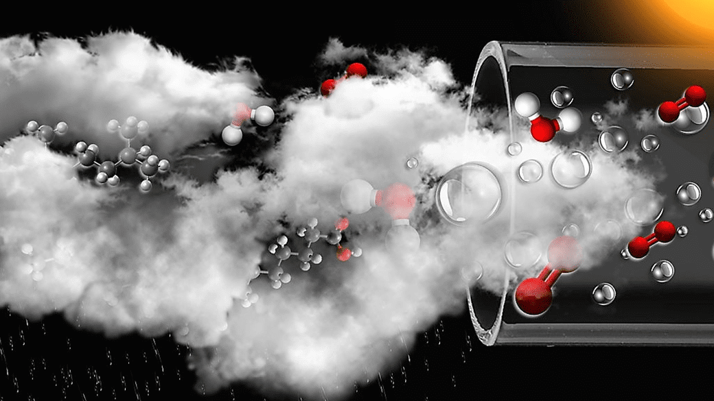 Illustration of molecules and particles in a flowing stream, transitioning from a foggy cloud on the left to a more concentrated tube on the right, with sunlight shining on the upper part of the tube.