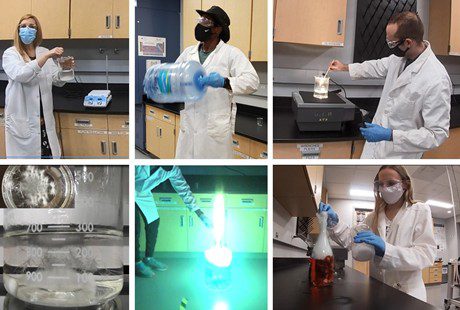 Six scientists in lab coats and masks perform various experiments with beakers, flasks, and chemicals in a laboratory setting, showcasing scientific procedures and reactions.