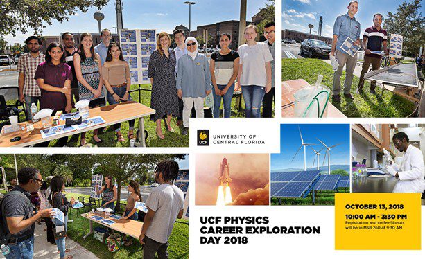 Collage of students and faculty at outdoor tables with science displays, plus event details for UCF Physics Career Exploration Day 2018, including date, time, and location.