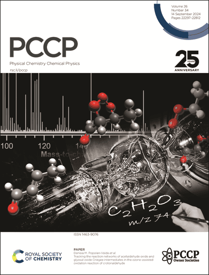 Scientific journal cover showing glass laboratory apparatus with a molecular model, handwritten chemical notations, and a bold “25 ANNIVERSARY” graphic, representing physical chemistry research.