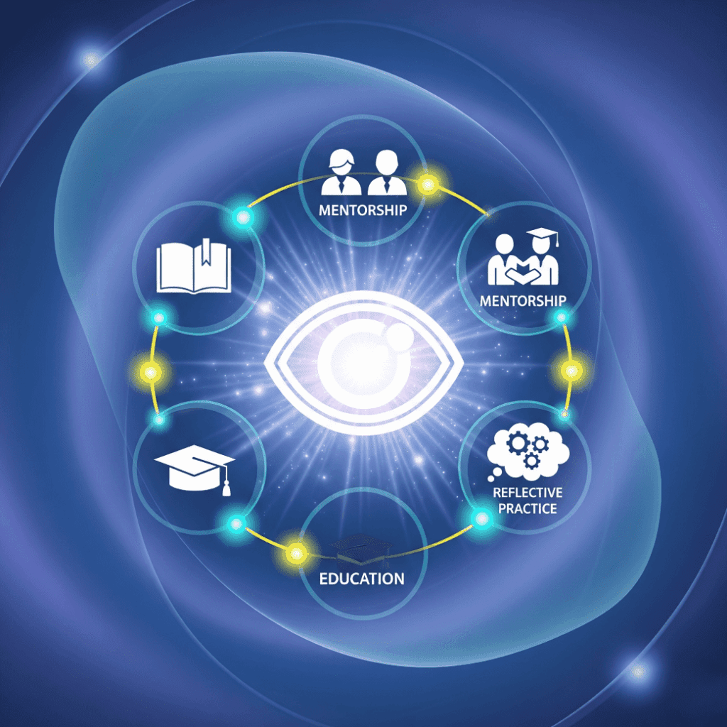 A glowing eye at the center is surrounded by icons labeled mentorship, reflective practice, and education, connected in a circular flow on a blue, abstract background.