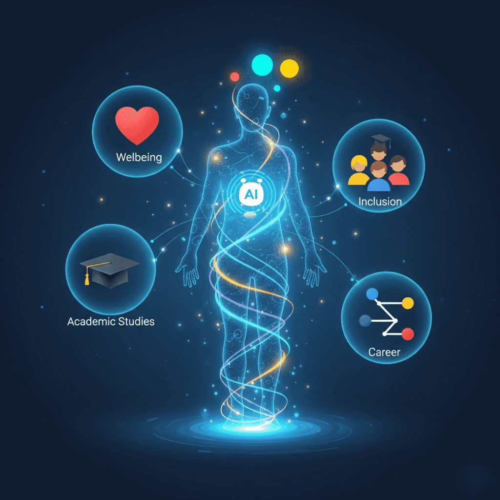Digital illustration of a human figure with AI at the center, surrounded by icons labeled Wellbeing, Inclusion, Academic Studies, and Career, connected by glowing lines.