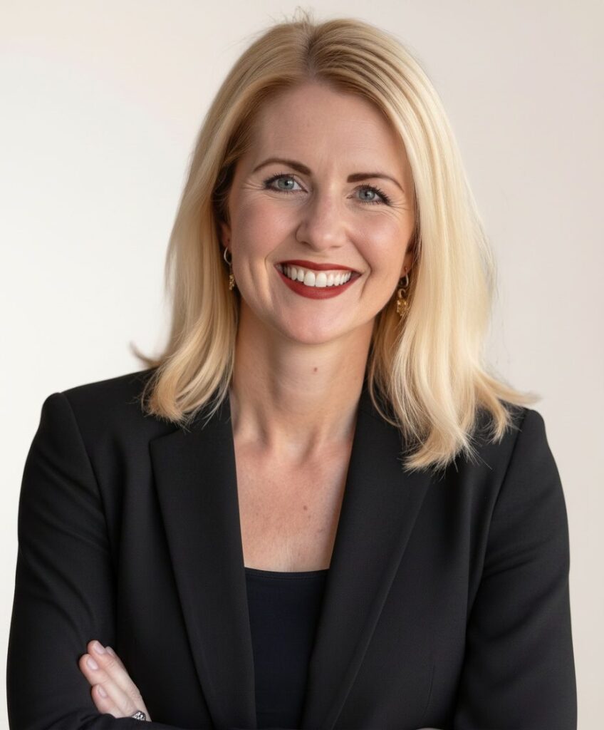 A woman with shoulder-length blonde hair and a black blazer smiles at the camera with arms crossed against a light background.