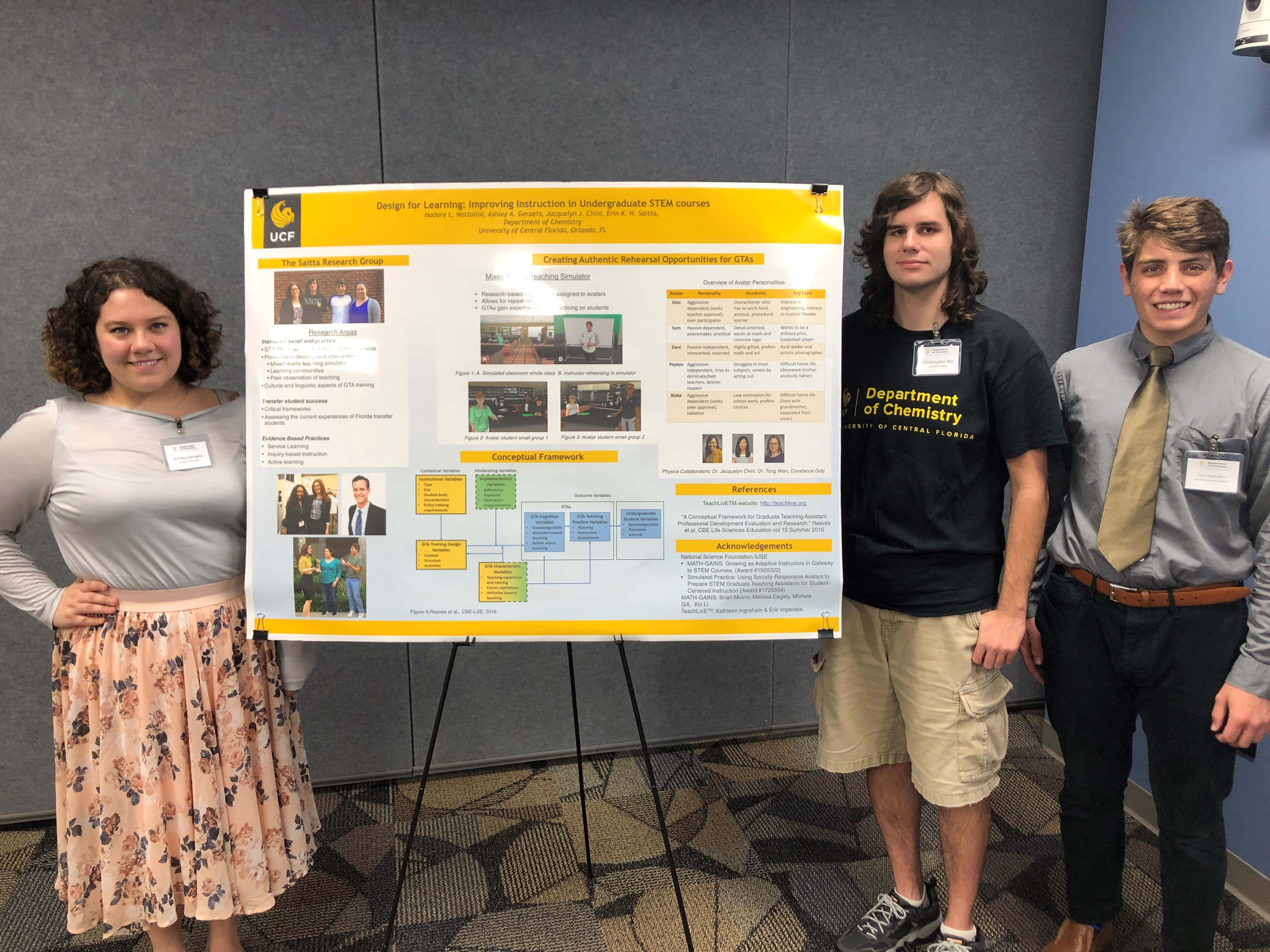 Research students stand by poster at open house